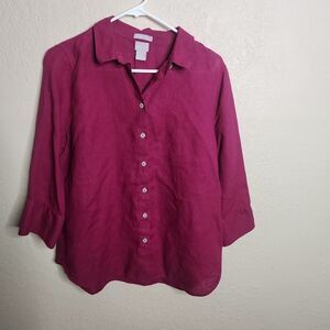 Chico's Shirt Women 1 Medium Pink Linen Non-Iron 3/4 Sleeve Classic Button-Up